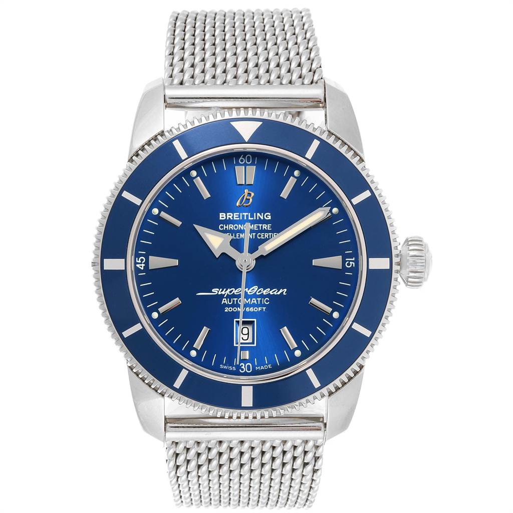 The image shows a front view of a Breitling Superocean A17320 Men's Stainless Steel Blue Dial A17320 Men's Stainless Steel Blue Dial watch featuring a blue dial, date window, and a stainless steel mesh bracelet.