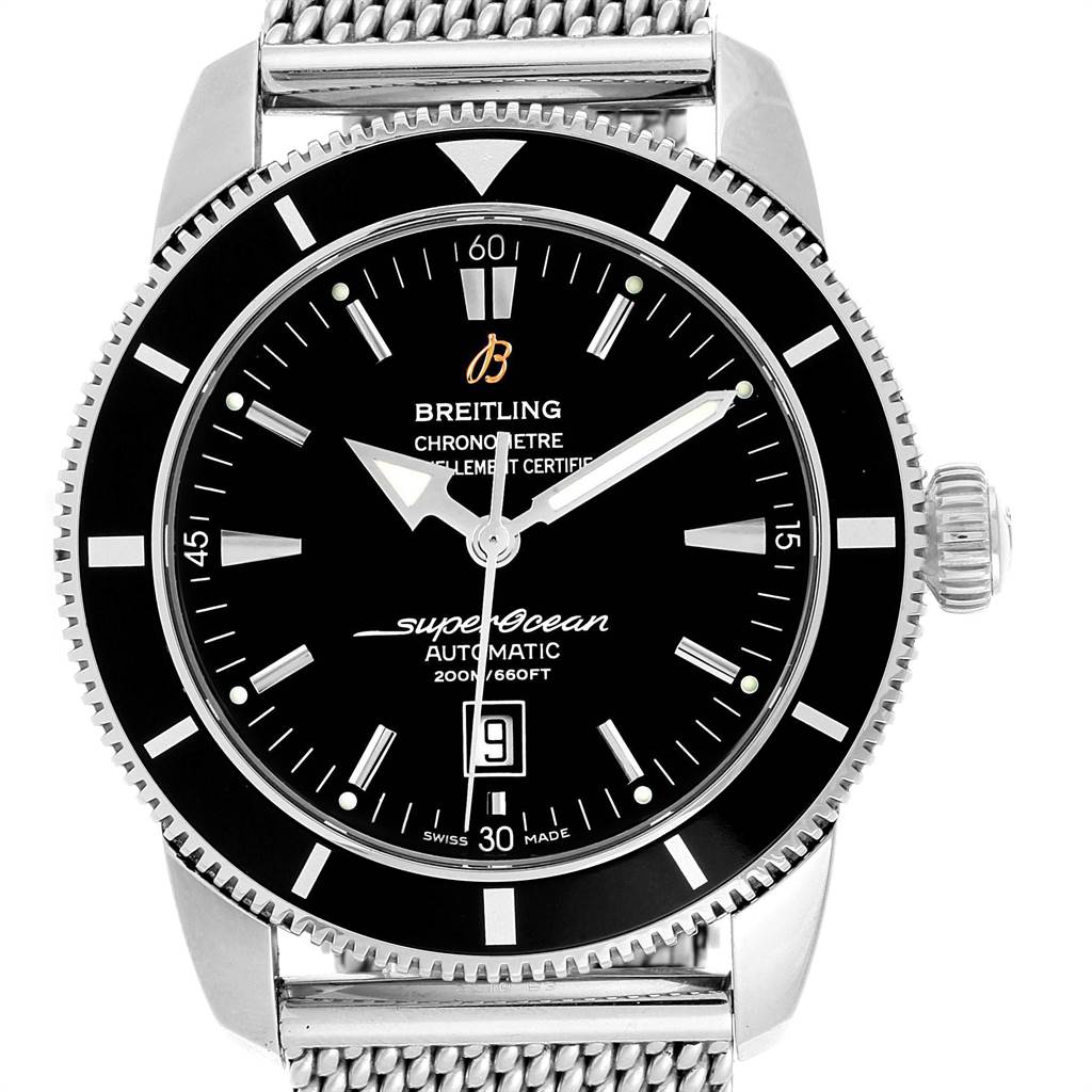 The Breitling Superocean A17320 Men's Stainless Steel Black Dial A17320 Men's Stainless Steel Black Dial watch is shown from a front angle, displaying its dial, bezel, and crown, with a stainless steel mesh bracelet.