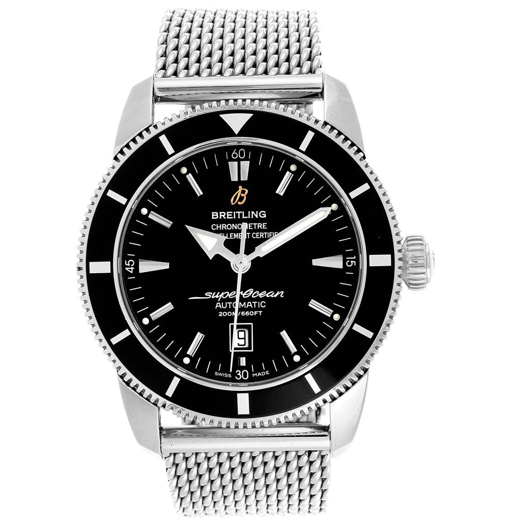 The Breitling Superocean A17320 Men's Stainless Steel Black Dial A17320 Men's Stainless Steel Black Dial watch is shown from the front, displaying its black dial, bezel, and metal mesh strap.