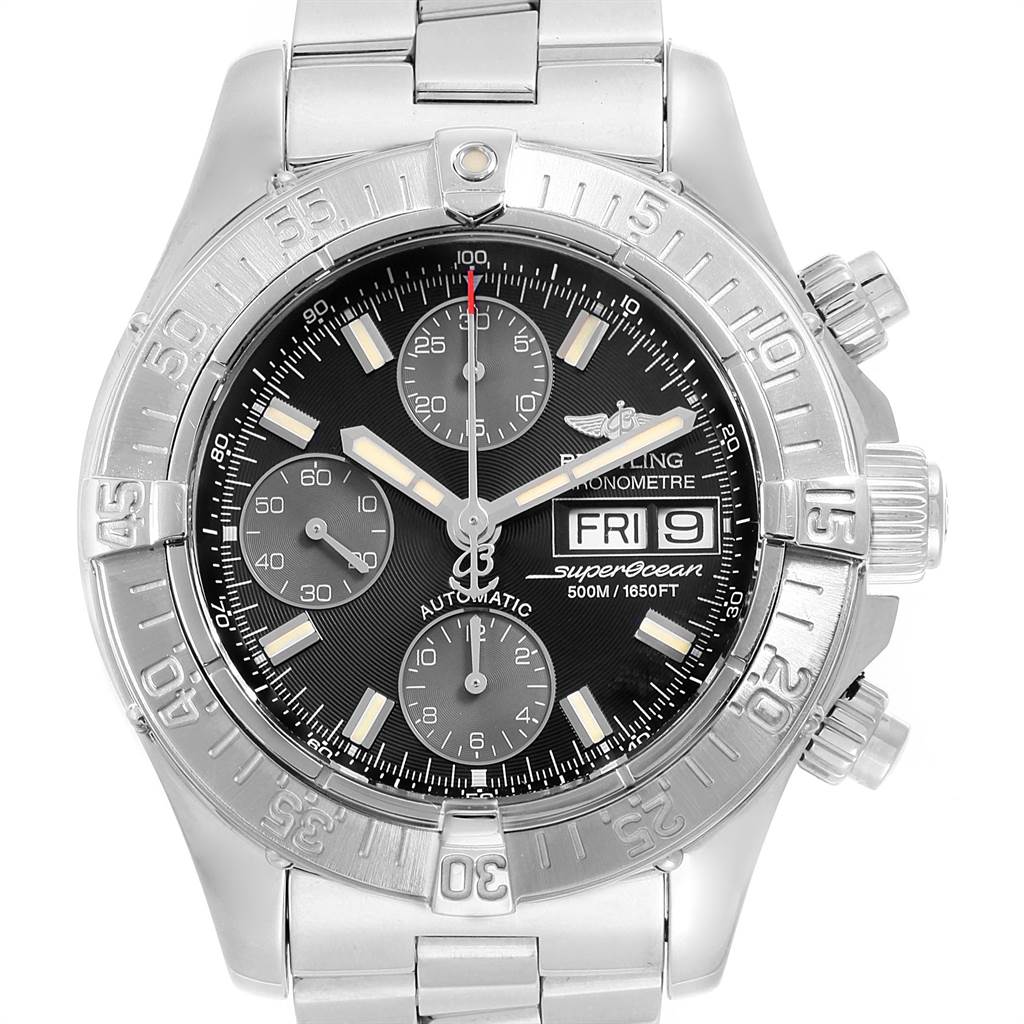 The image shows a front view of the Breitling Superocean A13340 Men's Stainless Steel Black Dial A13340 Men's Stainless Steel Black Dial watch, highlighting its dial and bezel.