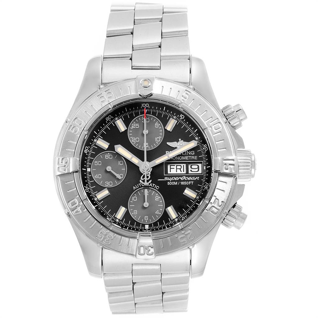 This image shows a front view of a Breitling Superocean A13340 Men's Stainless Steel Black Dial A13340 Men's Stainless Steel Black Dial watch, displaying its stainless steel bracelet, case, and dial with multiple sub-dials.