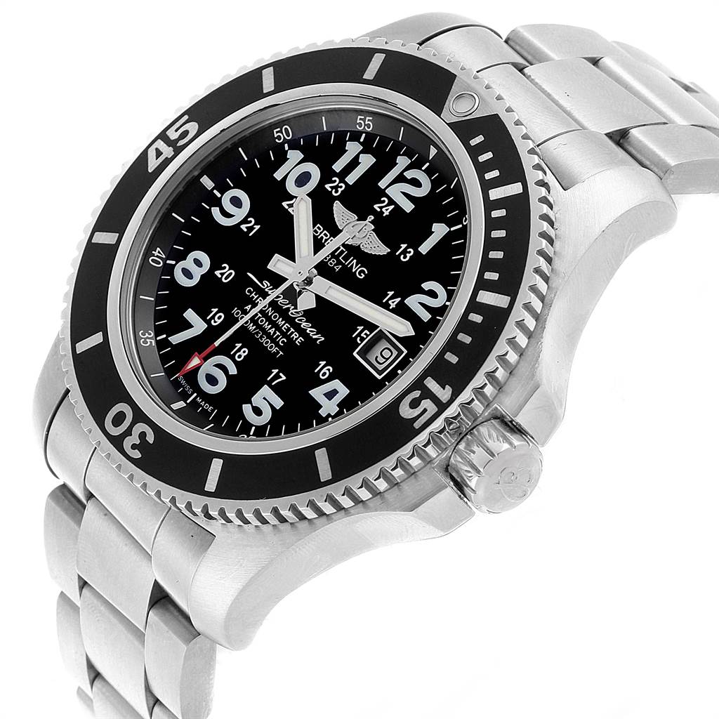 The Breitling Superocean A17392D8/C910 Men's Stainless Steel Black Dial A17392D8/C910 Men's Stainless Steel Black Dial watch is shown at a slight angle, showcasing its bezel, face, crown, and part of its metal bracelet.
