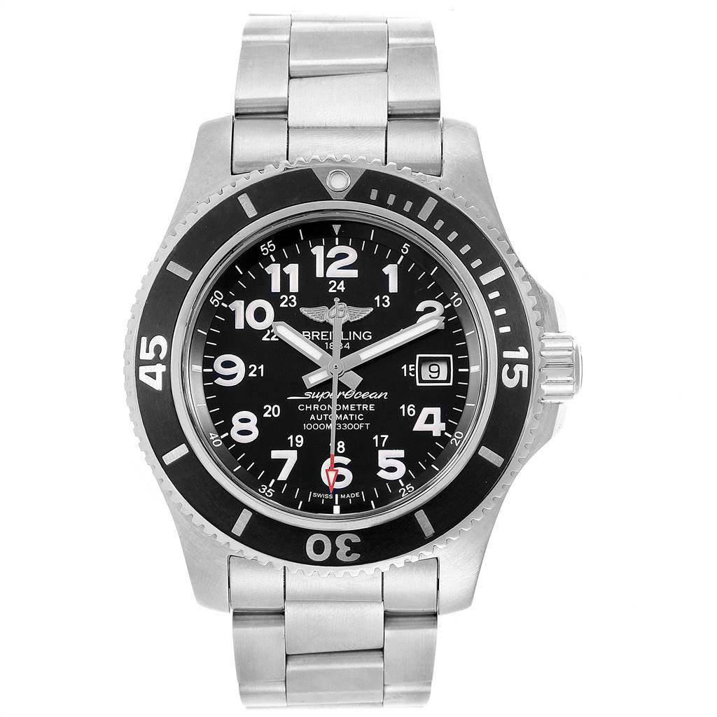 The image shows a front view of the Breitling Superocean A17392D8/C910 Men's Stainless Steel Black Dial A17392D8/C910 Men's Stainless Steel Black Dial watch with its face, bezel, and a part of the metal bracelet.