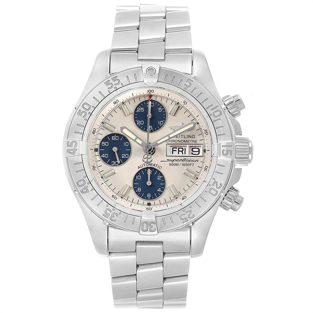 The image shows a top view of a Breitling Superocean A13340 Men's Stainless Steel Beige Dial A13340 Men's Stainless Steel Beige Dial watch, highlighting its face, bezel, and metal bracelet.
