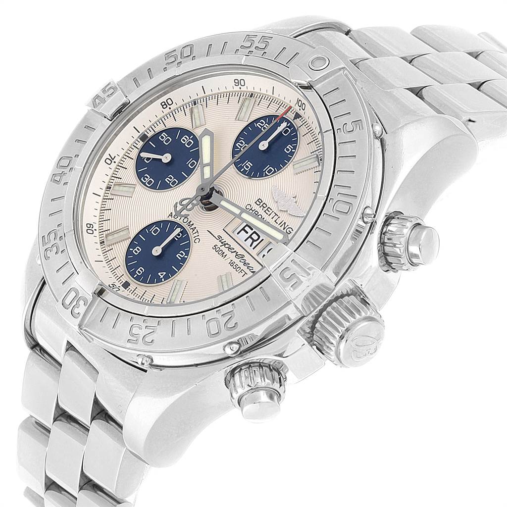 The image shows a close-up of the face and side of a Breitling Superocean A13340 Men's Stainless Steel Beige Dial A13340 Men's Stainless Steel Beige Dial watch, detailing the bezel, crown, pushers, and bracelet.