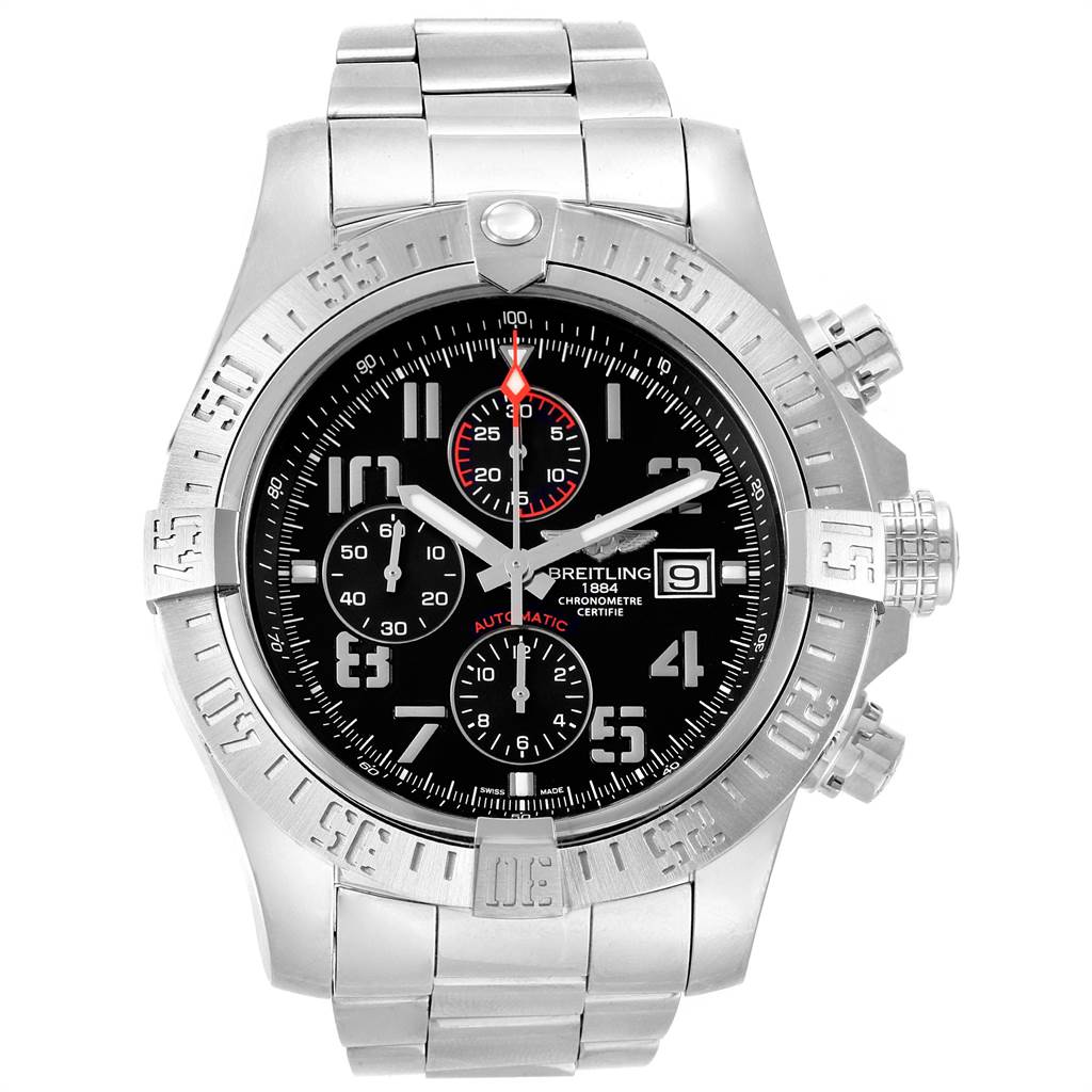 The image shows a front view of the Breitling Avenger A13371 Men's Stainless Steel Black Dial A13371 Men's Stainless Steel Black Dial watch, highlighting its bezel, dial, subdials, and metal bracelet.
