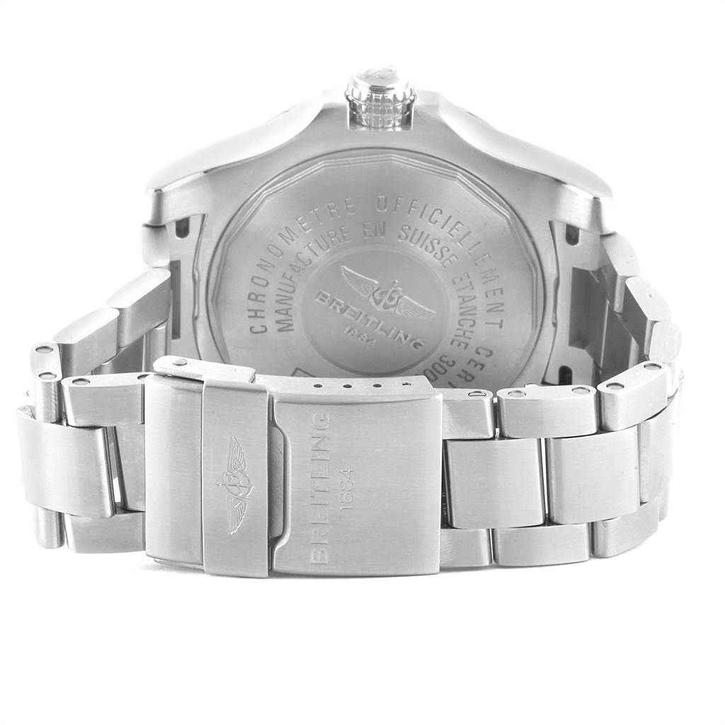 The image shows the back case and clasp of a Breitling Avenger A17331 Men's Stainless Steel Black Dial A17331 Men's Stainless Steel Black Dial watch, emphasizing the brand engravings.