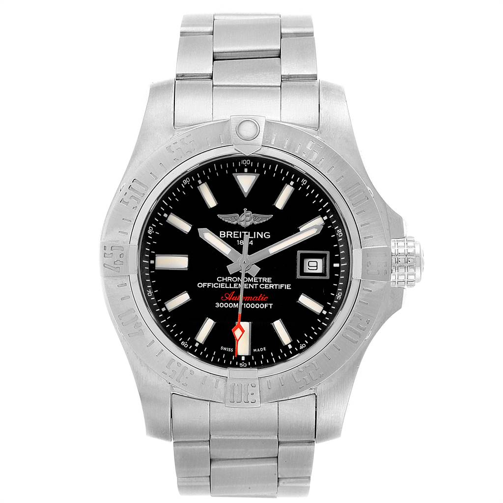 The image shows a front view of the Breitling Avenger A17331 Men's Stainless Steel Black Dial A17331 Men's Stainless Steel Black Dial watch, highlighting the dial, bezel, and bracelet.