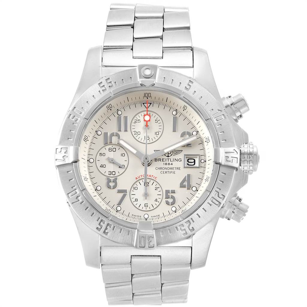 The image shows a front view of a Breitling Avenger A13381 Men's Stainless Steel Silver Dial A13381 Men's Stainless Steel Silver Dial watch, displaying its dial, bezel, crown, chronograph buttons, and bracelet.