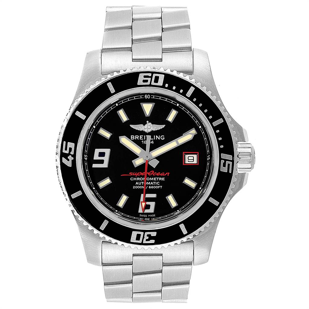 The image shows a front view of the Breitling Superocean A17391 Men's Stainless Steel Black Dial A17391 Men's Stainless Steel Black Dial watch, highlighting its face, bezel, and metal bracelet.