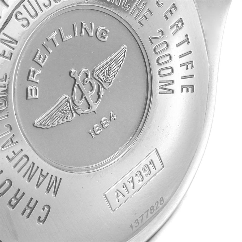 This image shows the engraved back case of a Breitling Superocean A17391 Men's Stainless Steel Black Dial A17391 Men's Stainless Steel Black Dial watch, highlighting the model number and brand details.