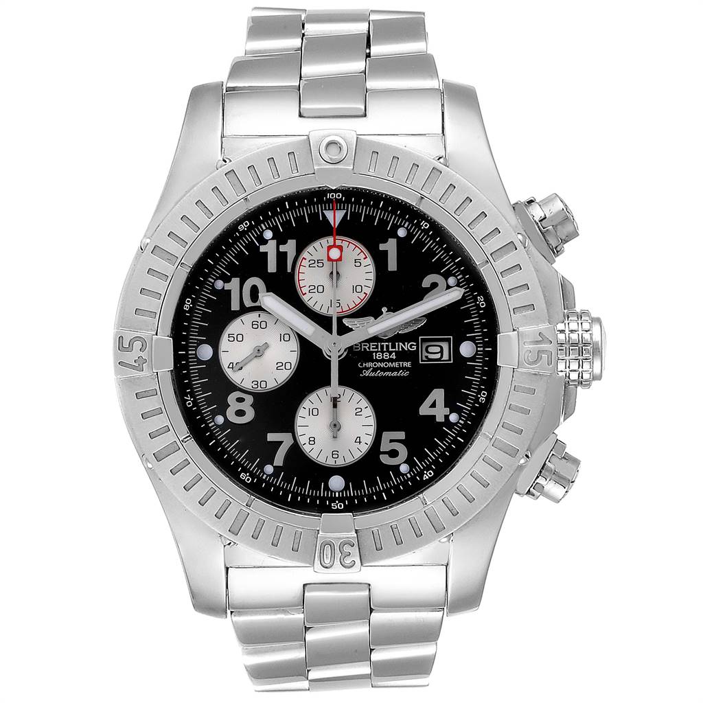The image shows a front view of the Breitling Avenger A13370 Men's Stainless Steel Black Dial A13370 Men's Stainless Steel Black Dial watch, displaying its face, bezel, and metal bracelet.