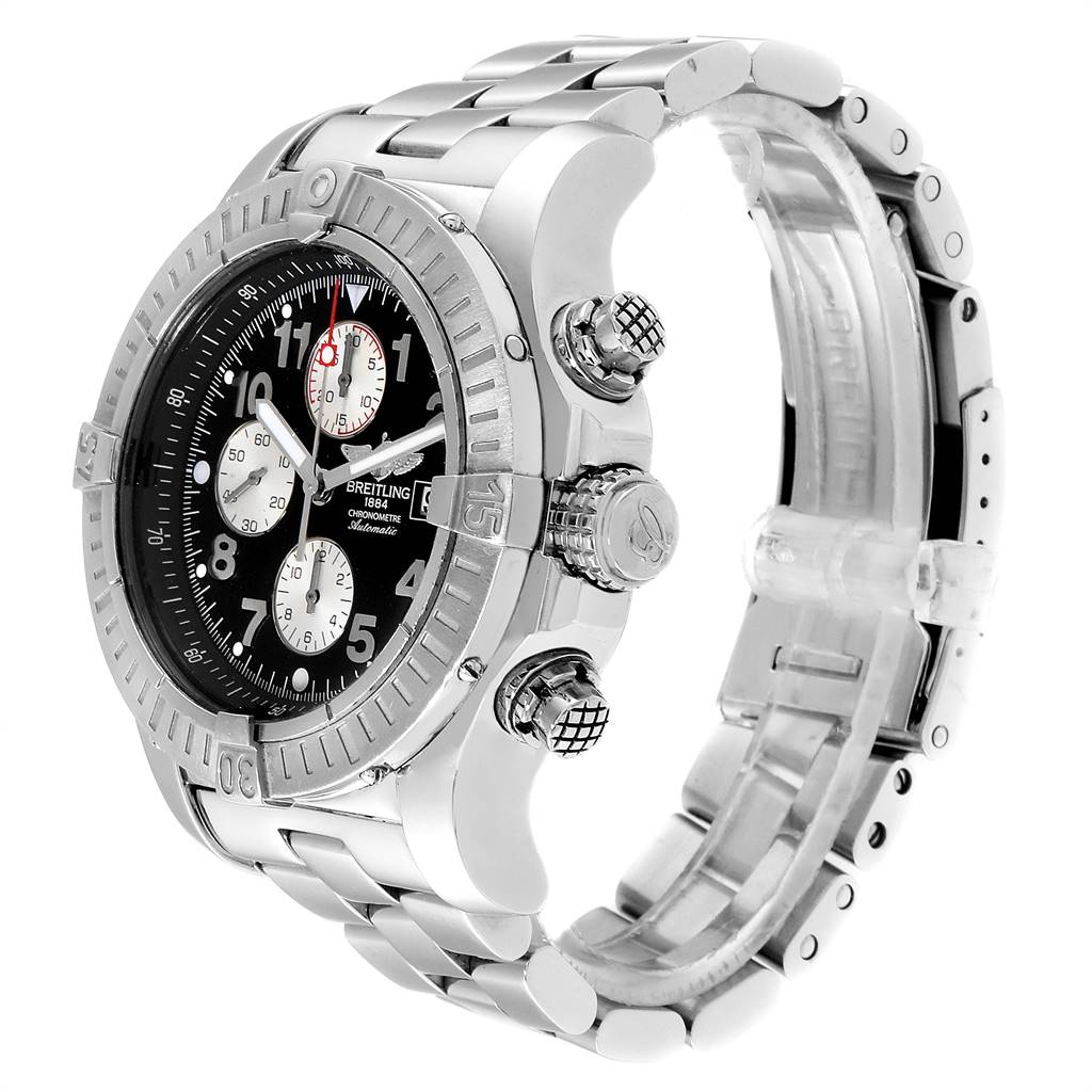 The image shows a side angle of the Breitling Avenger A13370 Men's Stainless Steel Black Dial A13370 Men's Stainless Steel Black Dial watch, displaying its bezel, pushers, crown, and metal bracelet.