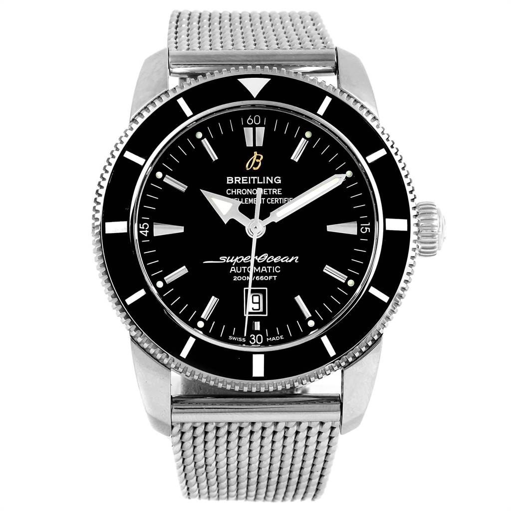 The image shows a front view of the Breitling Superocean A17320 Men's Stainless Steel Black Dial A17320 Men's Stainless Steel Black Dial watch, displaying its dial, bezel, and mesh strap.