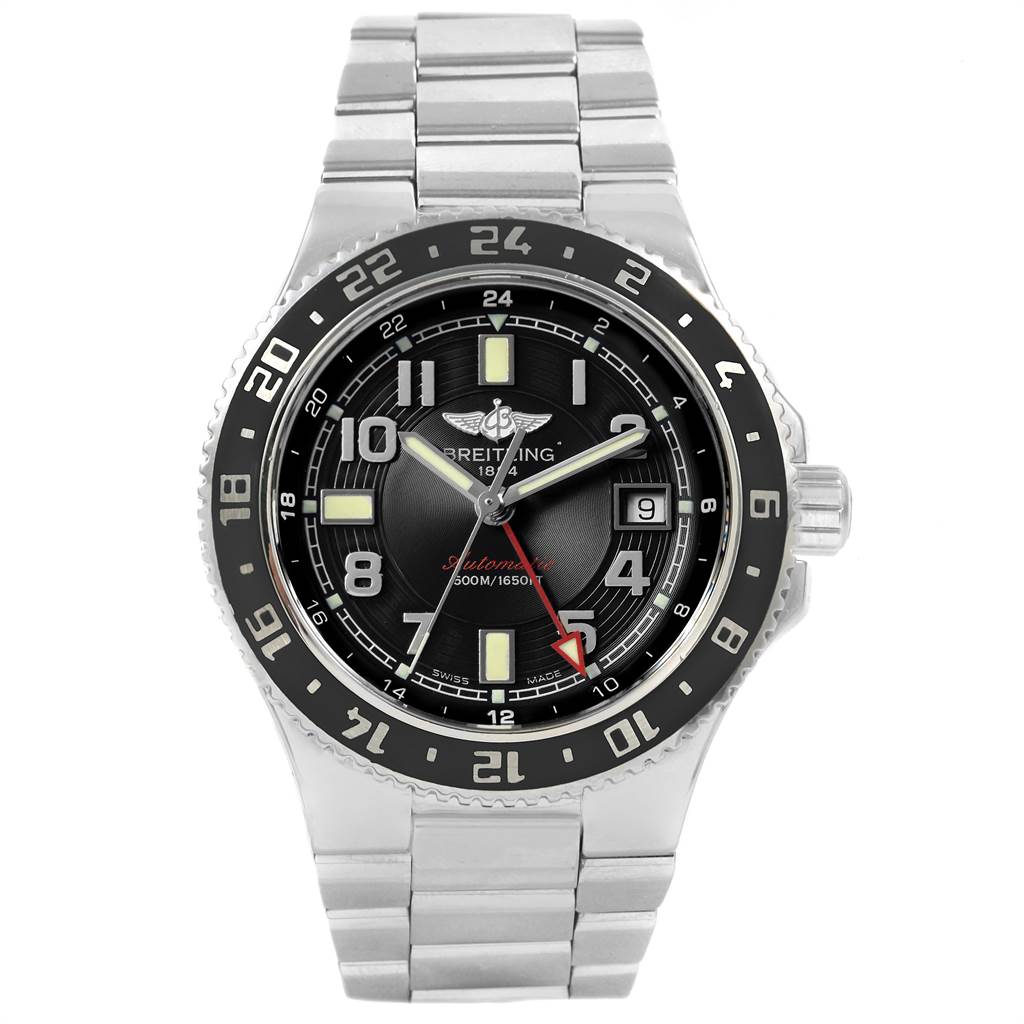 This Breitling Superocean A32380 Men's Stainless Steel Black Dial A32380 Men's Stainless Steel Black Dial watch is shown from a front angle displaying its face and bracelet.