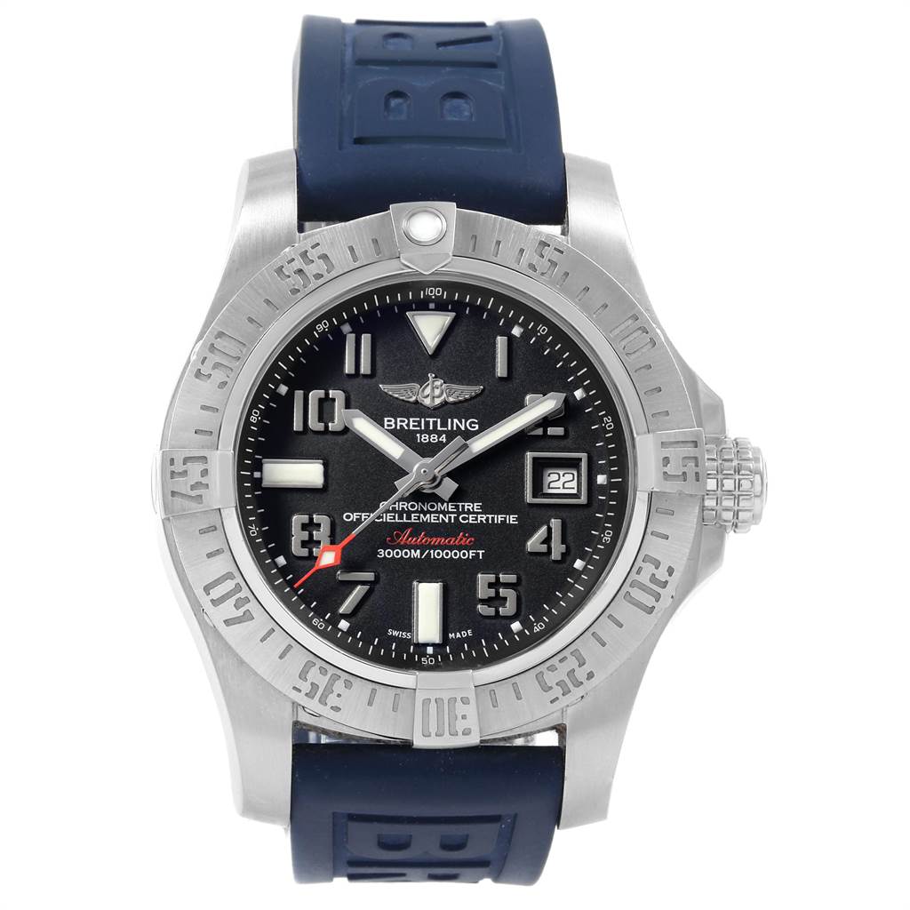 The image shows a front view of the Breitling Avenger A17331 Men's Stainless Steel Black Dial A17331 Men's Stainless Steel Black Dial watch, displaying its face, bezel, and rubber strap.
