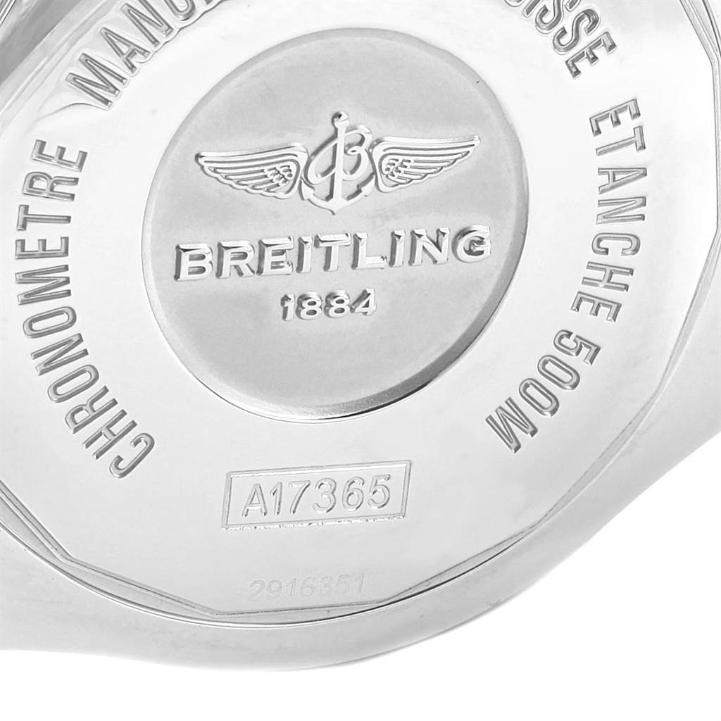 The image shows the back case of a Breitling Superocean A17365 Men's Stainless Steel Blue Dial A17365 Men's Stainless Steel Blue Dial watch, displaying the brand logo, model number, and water resistance.