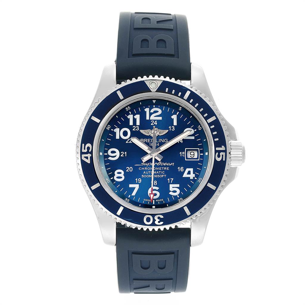 The Breitling Superocean A17365 Men's Stainless Steel Blue Dial A17365 Men's Stainless Steel Blue Dial watch is shown from the front, displaying the face, bezel, crown, and strap.