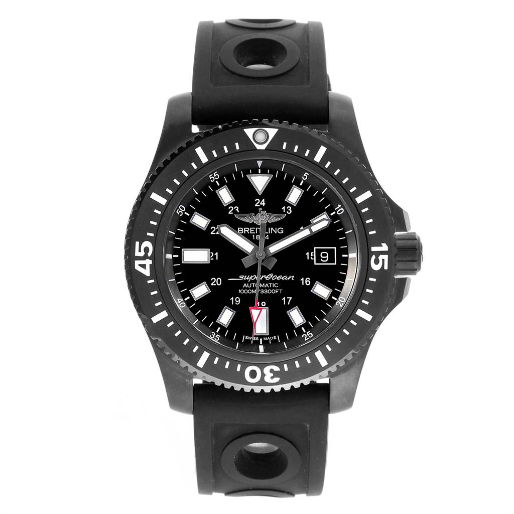 The image shows a front view of a Breitling Superocean M17393 Men's Stainless Steel Black Dial M17393 Men's Stainless Steel Black Dial watch, highlighting its dial, bezel, and rubber strap.