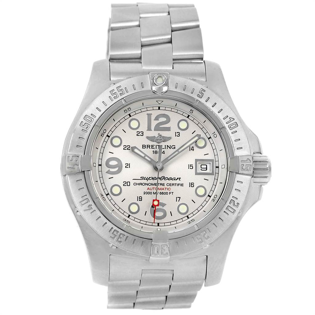 The image shows a front view of a Breitling Superocean A17390 Men's Stainless Steel Silver Dial A17390 Men's Stainless Steel Silver Dial watch, displaying its face, bezel, and metal strap.