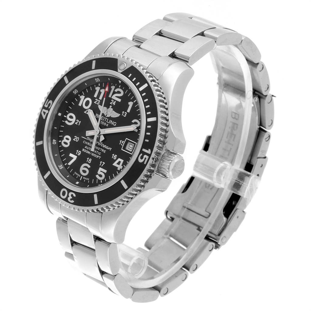 This image shows a side view of the Breitling Superocean A17365 Men
s Stainless Steel Black Dial A17365 Men
s Stainless Steel Black Dial watch, highlighting the face, bezel, band, and clasp.