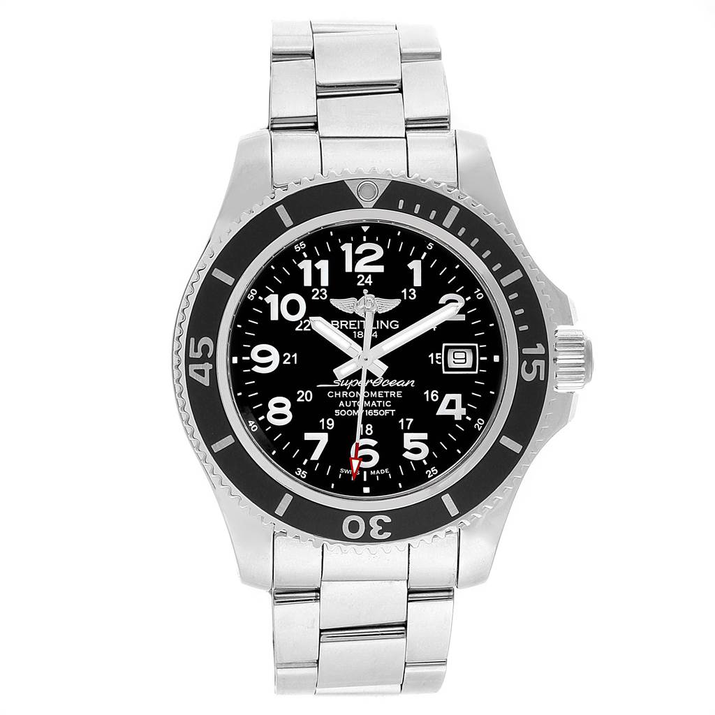 The Superocean model by Breitling is shown from a front angle, displaying the face, bezel, crown, and part of the metal bracelet.