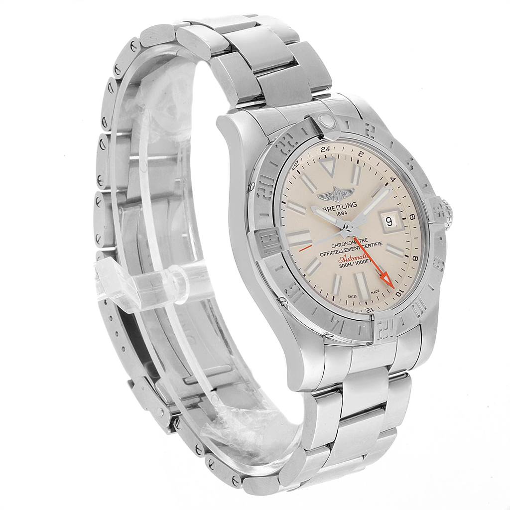 The image shows a side angle view of the Breitling Avenger A32390 Men's Stainless Steel Beige Dial A32390 Men's Stainless Steel Beige Dial watch featuring its dial, bezel, and metal bracelet.