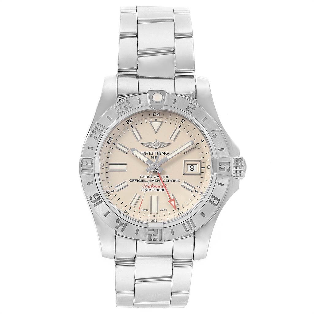 The Breitling Avenger A32390 Men's Stainless Steel Beige Dial A32390 Men's Stainless Steel Beige Dial watch is shown from the front, displaying its face, bezel, and stainless steel bracelet.