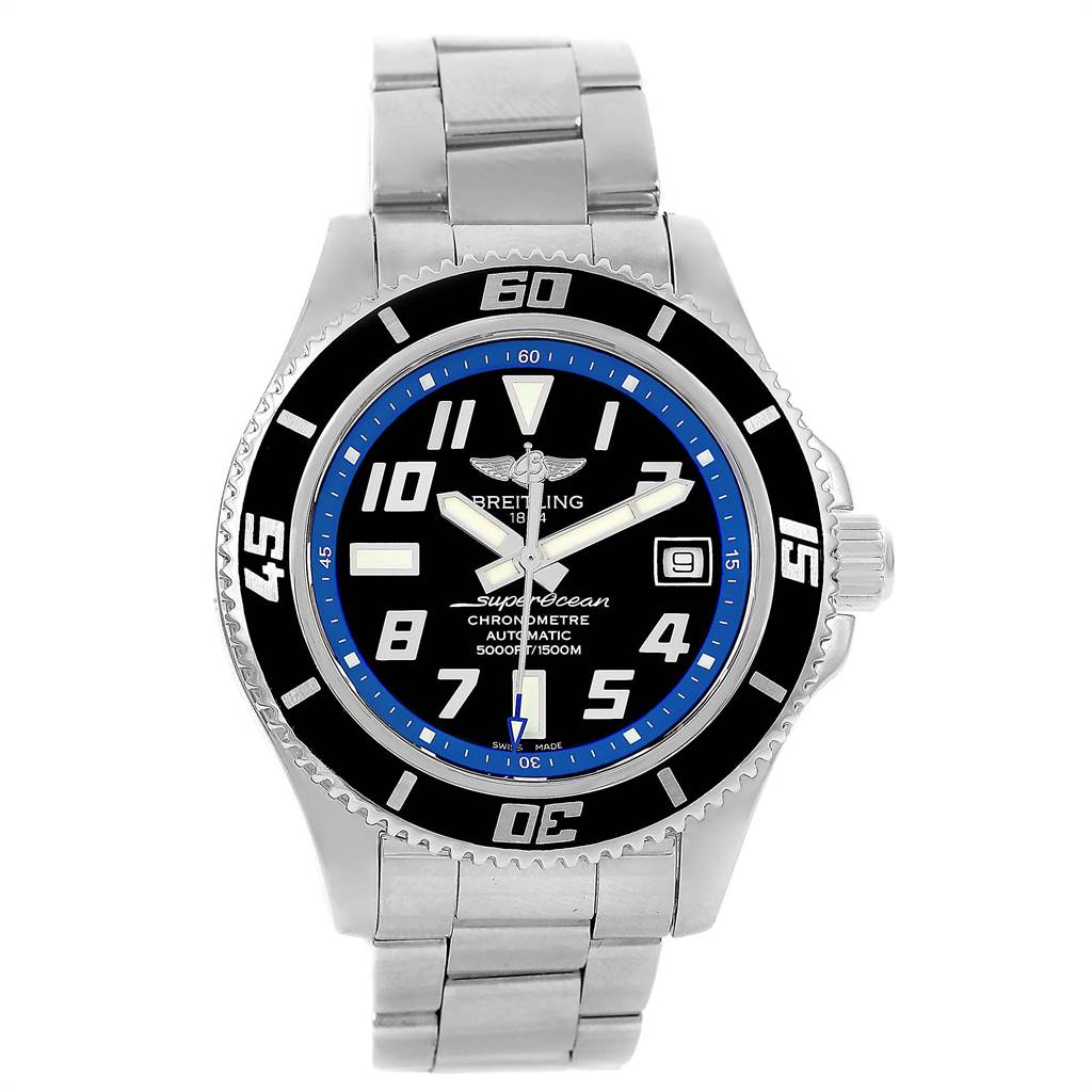 The image shows a Breitling Superocean A17364 Men's Stainless Steel Black Dial A17364 Men's Stainless Steel Black Dial watch, viewed from the front, highlighting the dial, bezel, and part of the metal bracelet.