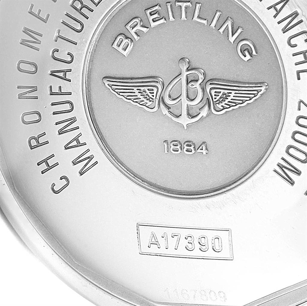 This image shows the back case of a Breitling Superocean A17390 Men's Stainless Steel Black Dial A17390 Men's Stainless Steel Black Dial watch, displaying the Breitling logo and model number A17390.