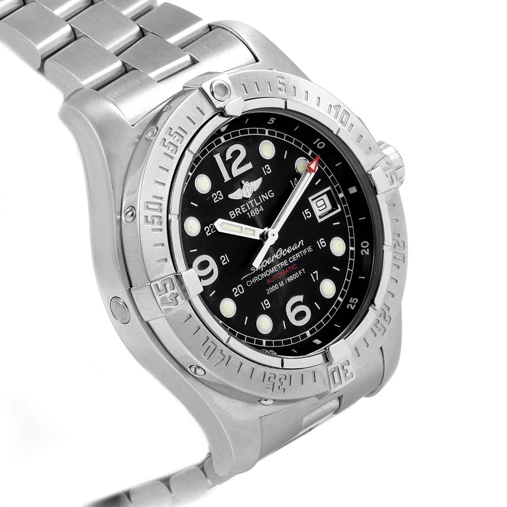 The image shows a Breitling Superocean A17390 Men's Stainless Steel Black Dial A17390 Men's Stainless Steel Black Dial watch from an angled top view, highlighting its bezel, dial, and part of the stainless steel bracelet.