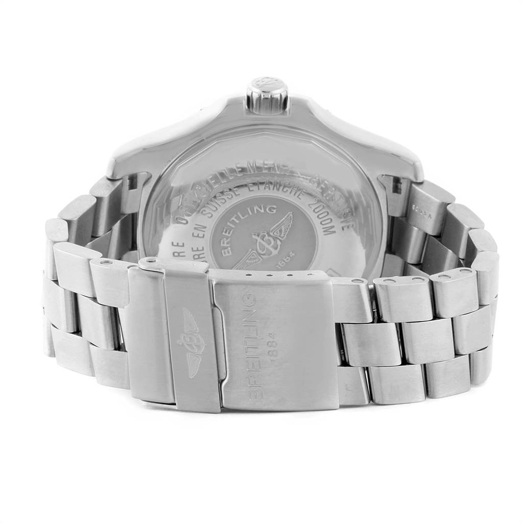 This image shows the back of a Breitling Superocean A17390 Men's Stainless Steel Black Dial A17390 Men's Stainless Steel Black Dial watch, highlighting its case back and metal bracelet clasp.