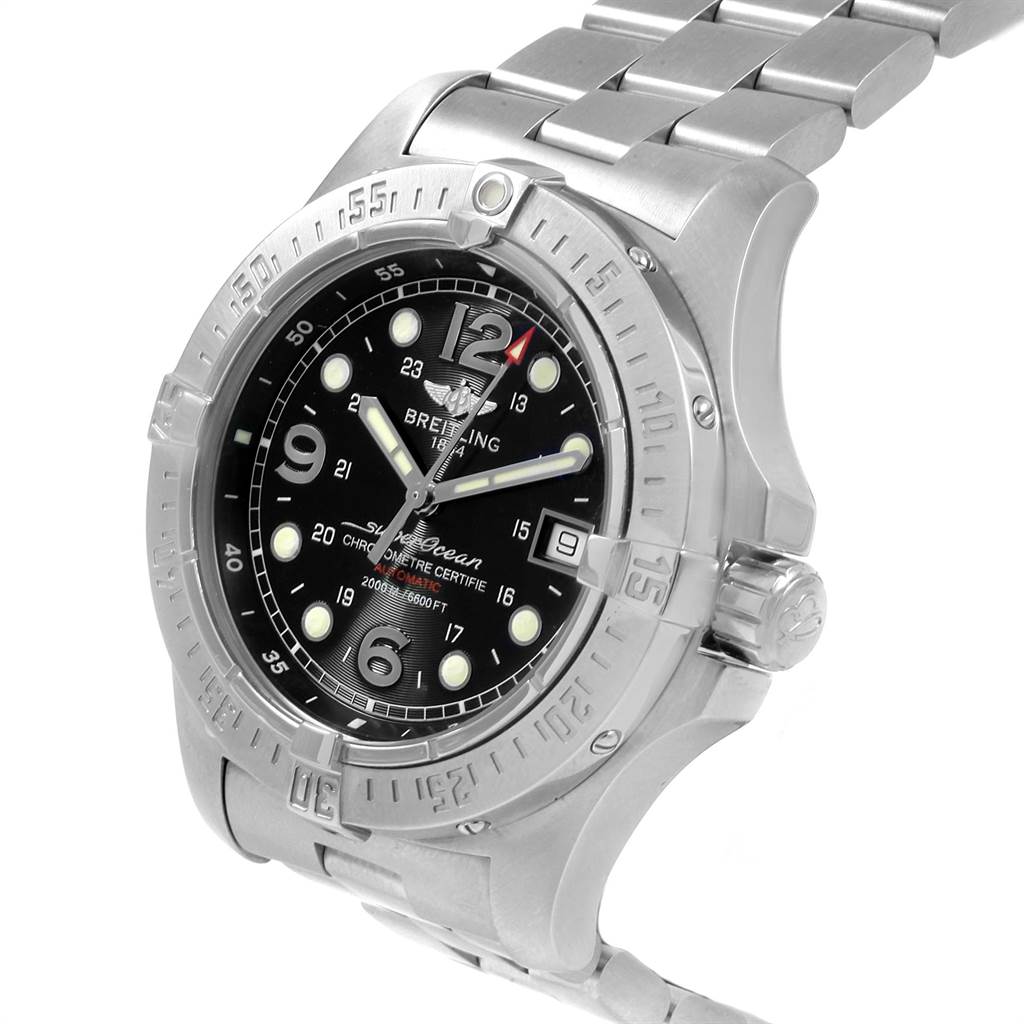 This image shows a Superocean model watch by Breitling from a front-side angle, displaying the dial and part of the bracelet.