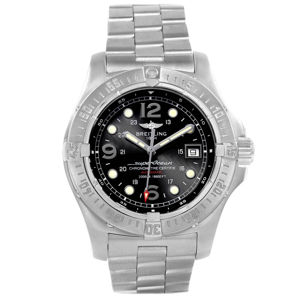 The Breitling Superocean A17390 Men's Stainless Steel Black Dial A17390 Men's Stainless Steel Black Dial watch is shown from a front angle, displaying the face, bezel, and metal bracelet.
