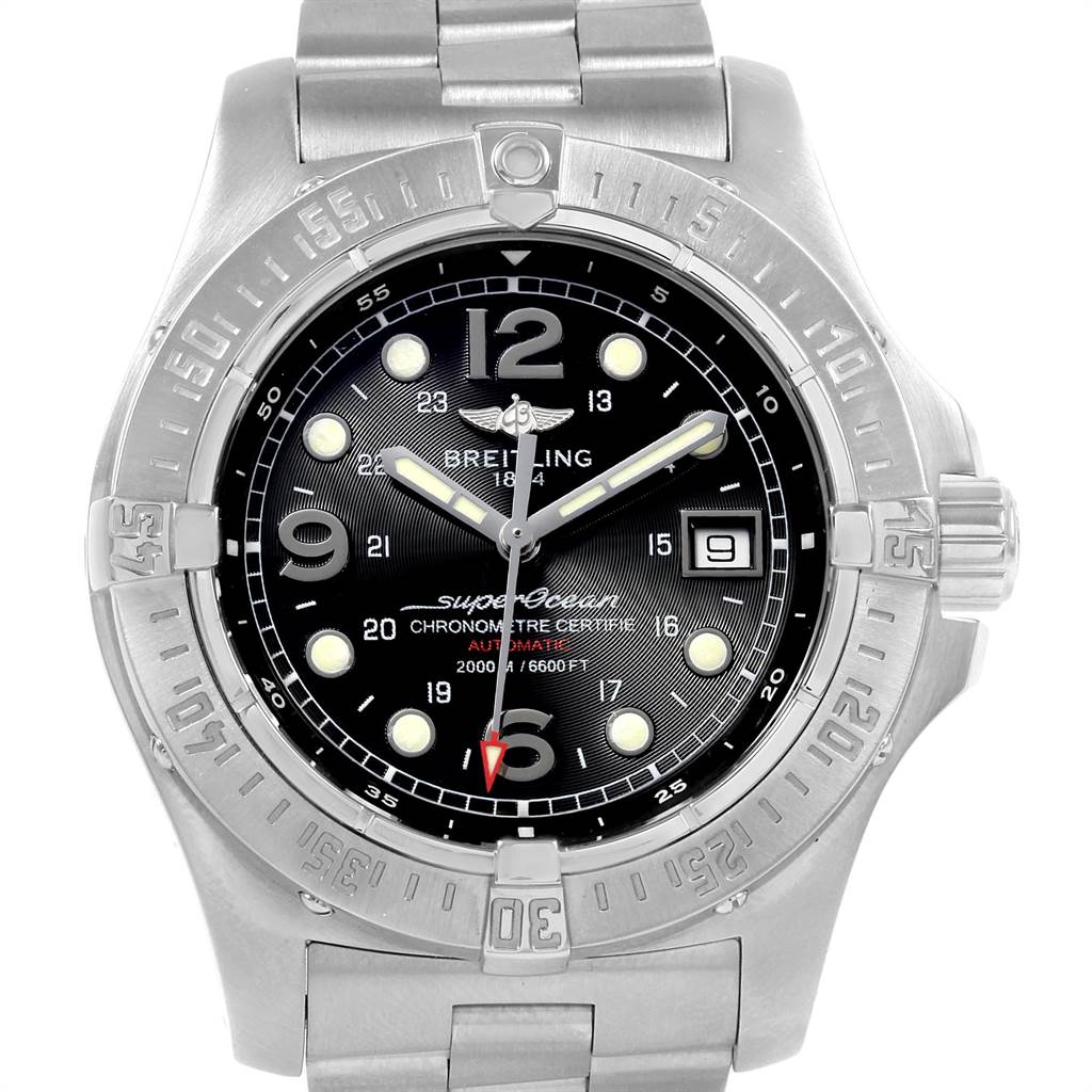The image shows a front view of the Breitling Superocean A17390 Men's Stainless Steel Black Dial A17390 Men's Stainless Steel Black Dial watch, highlighting the dial, bezel, hands, and part of the bracelet.