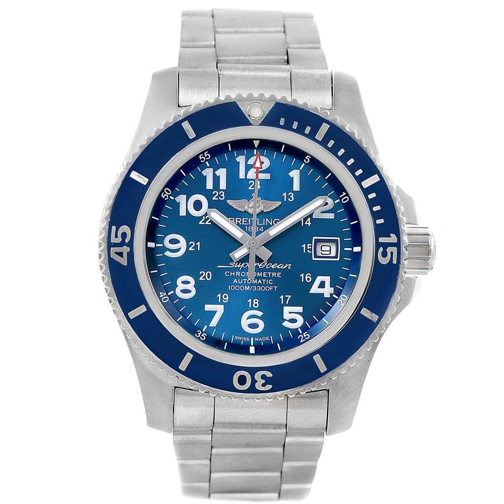 The image shows a front view of a Breitling Superocean A17392D8/C910 Men's Stainless Steel Blue Dial A17392D8/C910 Men's Stainless Steel Blue Dial watch, displaying its blue dial, bezel, and metal bracelet.