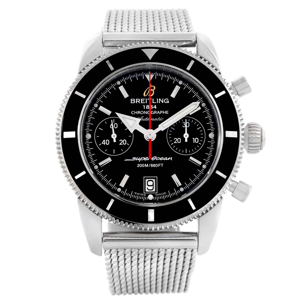 The image shows a front view of a Breitling Superocean A23370 Men's Stainless Steel Black Dial A23370 Men's Stainless Steel Black Dial watch, highlighting the dial, bezel, and stainless steel mesh band.