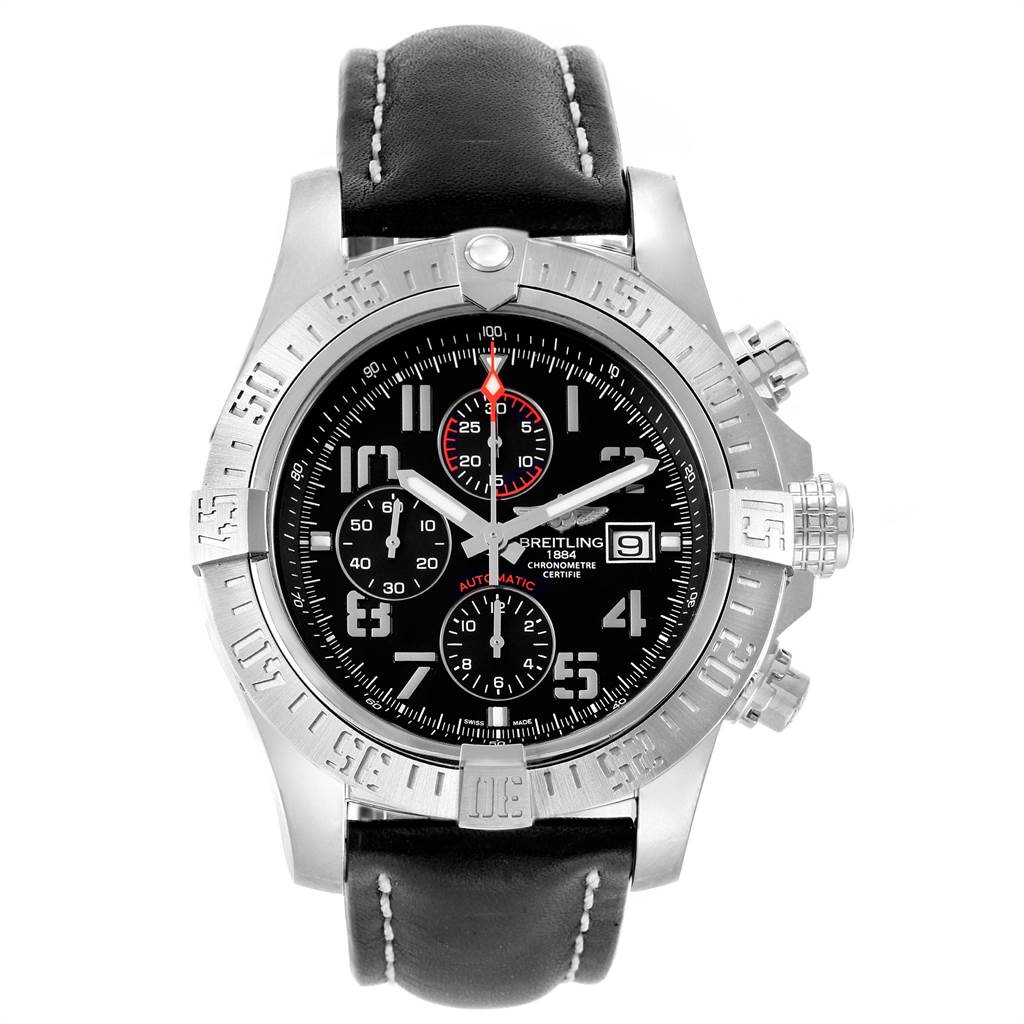 The image shows a front view of the Breitling Avenger A13371 Men's Stainless Steel Black Dial A13371 Men's Stainless Steel Black Dial watch, highlighting its case, bezel, dial, and leather strap.