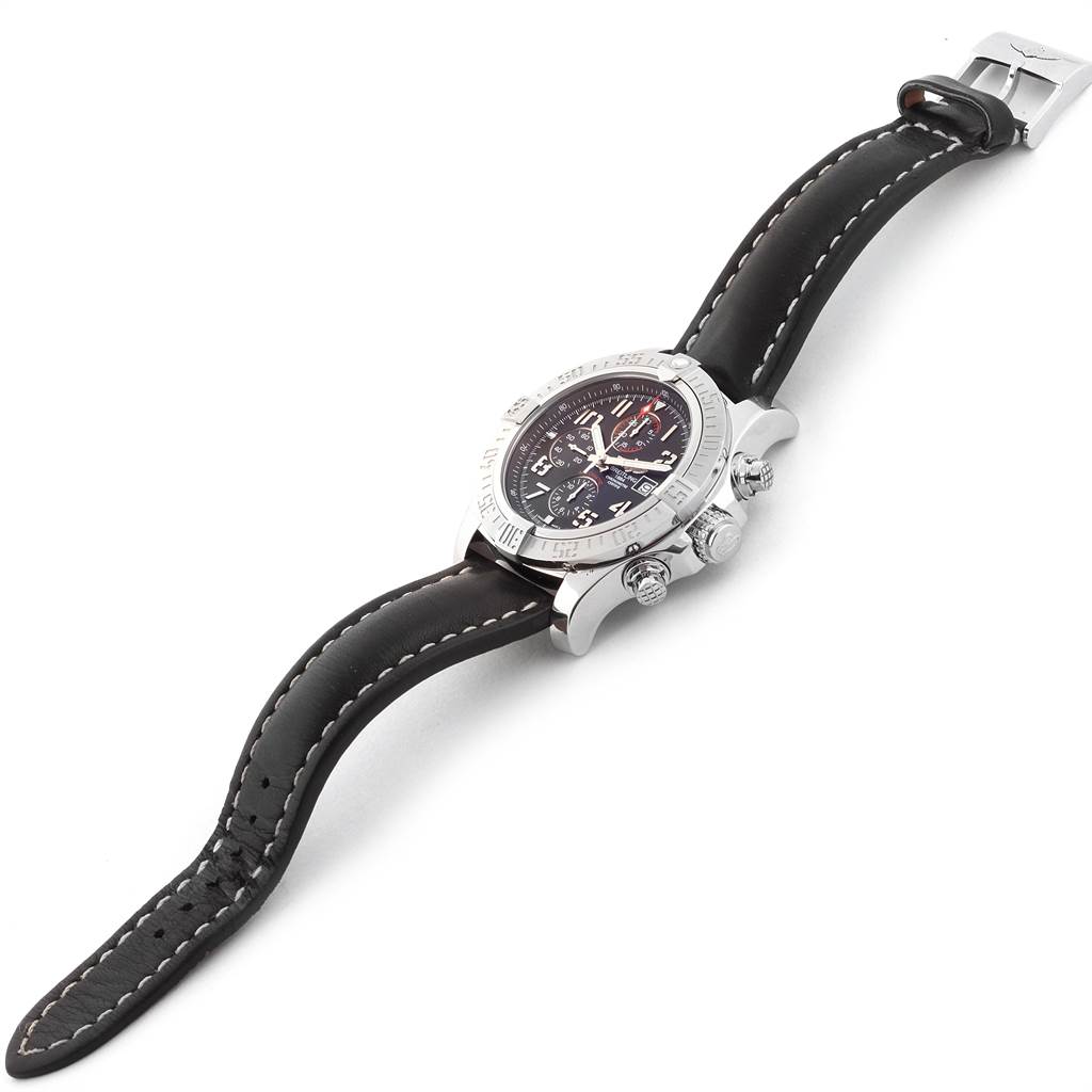 The Breitling Avenger A13371 Men's Stainless Steel Black Dial A13371 Men's Stainless Steel Black Dial watch is shown at a diagonal angle, displaying its face, bezel, crown, chronograph pushers, and leather strap.