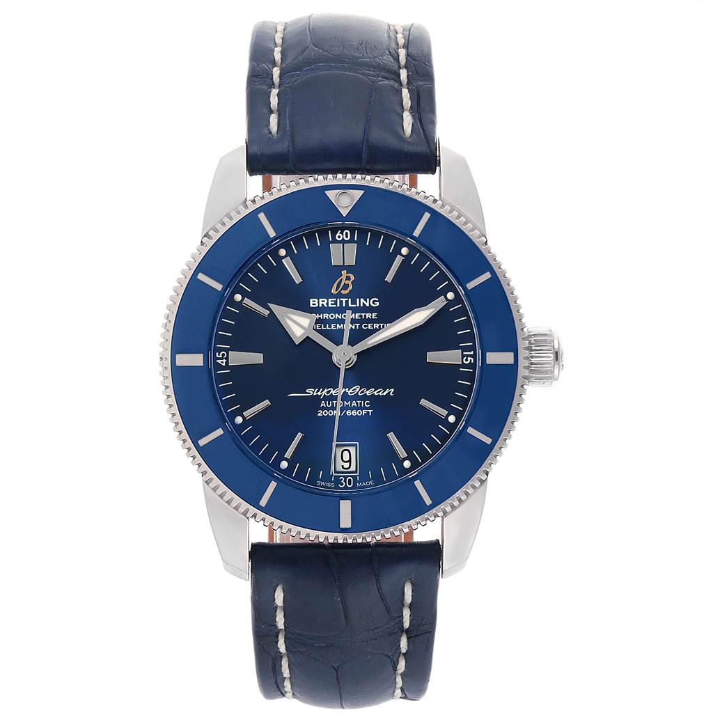 The image shows a front view of the Breitling Superocean AB2010 Men
s Stainless Steel Blue Dial AB2010 Men
s Stainless Steel Blue Dial watch, displaying its blue dial and leather strap.