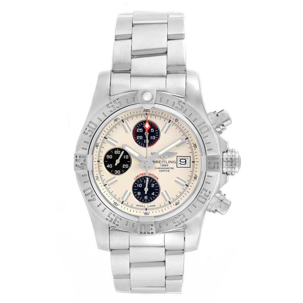 This image shows a front view of the Breitling Avenger A13381 Men's Stainless Steel White Dial A13381 Men's Stainless Steel White Dial watch, including the face, bezel, and stainless steel bracelet.