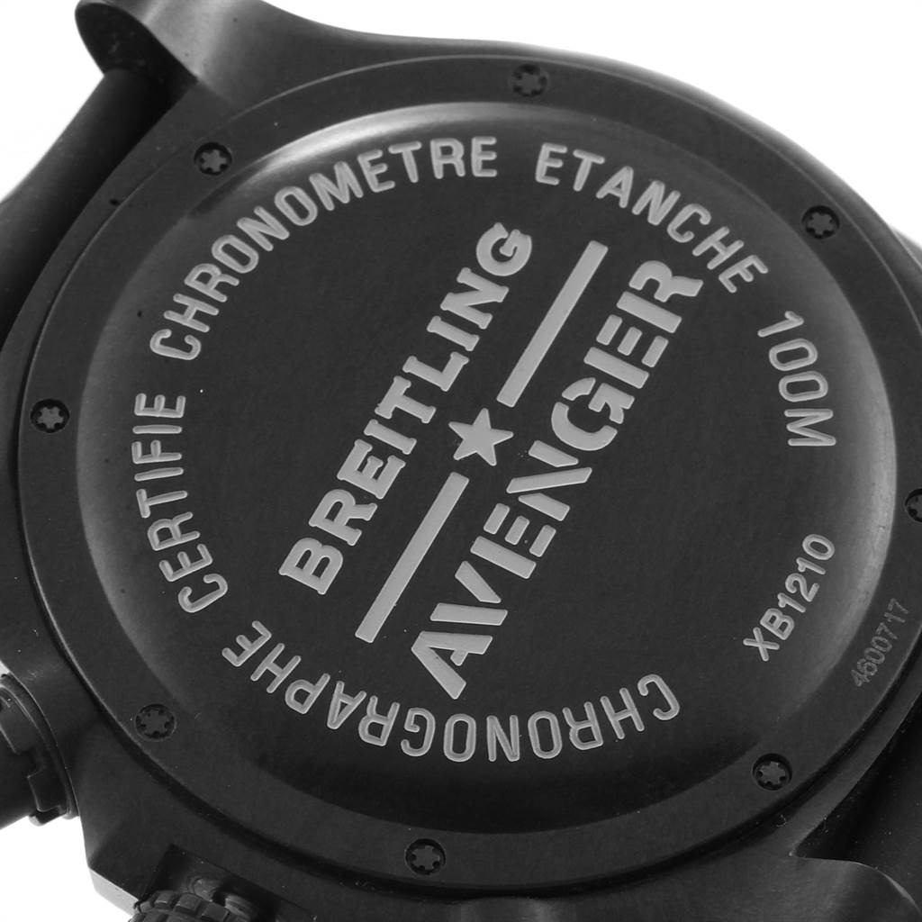 This image shows the back case of a Breitling Avenger XB1210E4/BE89-257S Men's Titanium Black Dial XB1210E4/BE89-257S Men's Titanium Black Dial watch, highlighting its engraving and water resistance details.