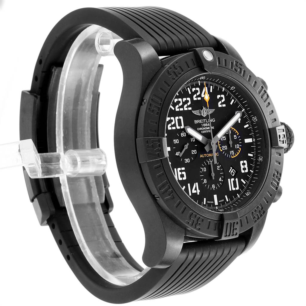 The image shows a side and front view of the Breitling Avenger XB1210E4/BE89-257S Men's Titanium Black Dial XB1210E4/BE89-257S Men's Titanium Black Dial watch, highlighting the face, bezel, and rubber strap.