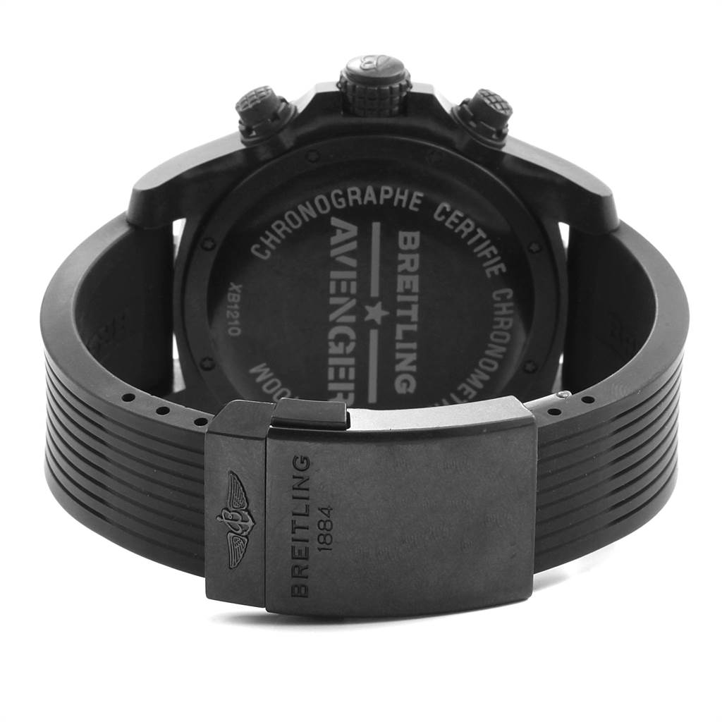 The image shows the back and clasp of a Breitling Avenger XB1210E4/BE89-257S Men's Titanium Black Dial XB1210E4/BE89-257S Men's Titanium Black Dial watch, highlighting its chronograph certification and branded rubber strap.