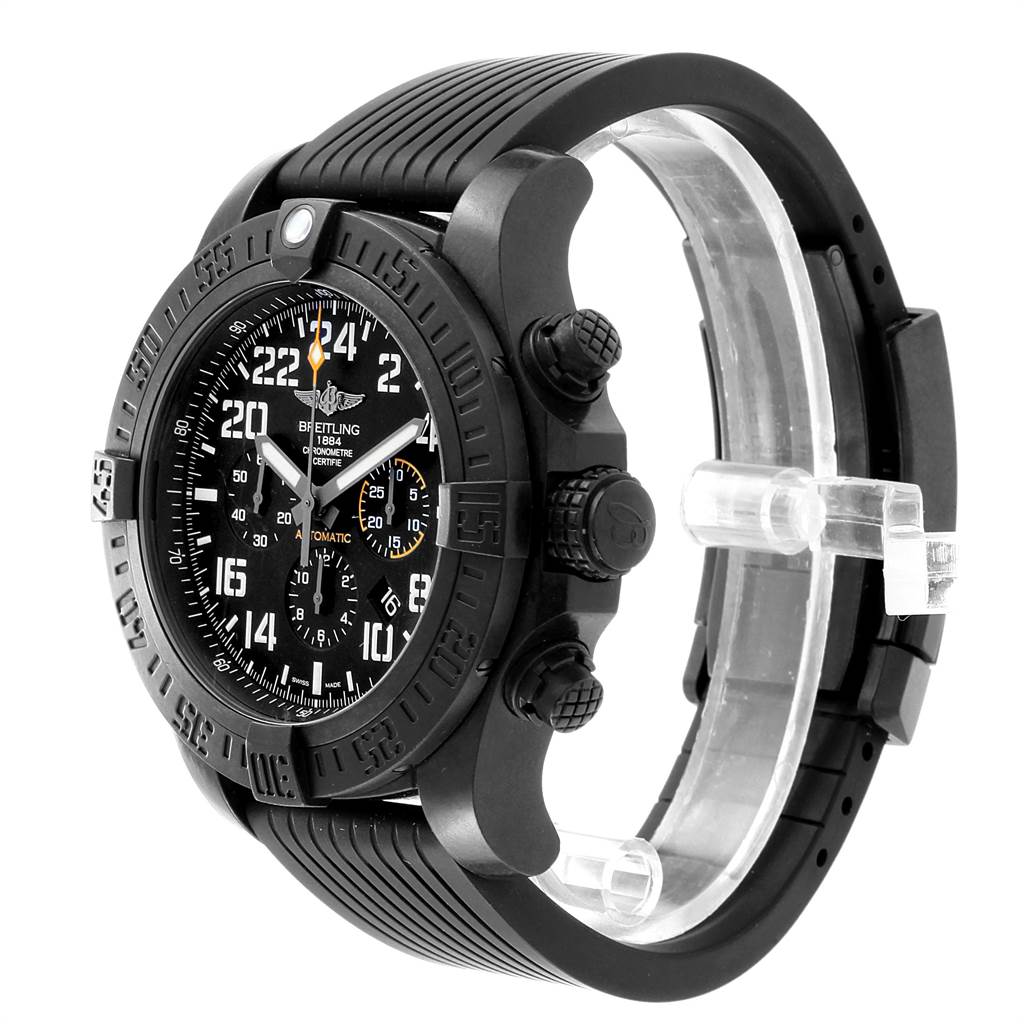 The image shows a side and angled view of the Breitling Avenger XB1210E4/BE89-257S Men's Titanium Black Dial XB1210E4/BE89-257S Men's Titanium Black Dial watch, highlighting its black case, dial, and textured strap.