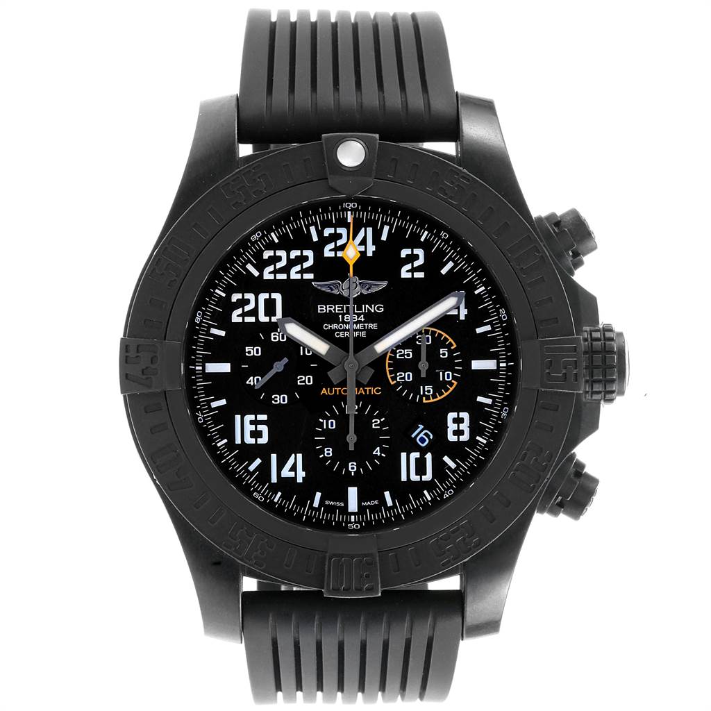 The image shows a front view of the Breitling Avenger XB1210E4/BE89-257S Men's Titanium Black Dial XB1210E4/BE89-257S Men's Titanium Black Dial watch, highlighting its dial, bezel, and strap.