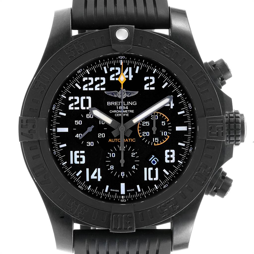 The image shows a front view of a Breitling Avenger XB1210E4/BE89-257S Men's Titanium Black Dial XB1210E4/BE89-257S Men's Titanium Black Dial watch, highlighting the dial, bezel, and strap.