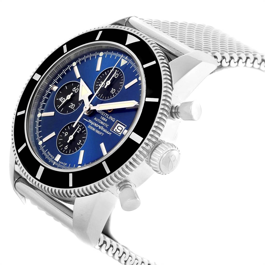 The image shows a Breitling Superocean A13320 Men's Stainless Steel Blue Dial A13320 Men's Stainless Steel Blue Dial watch at a slight angle, highlighting the bezel, dial, chronograph, and crown.