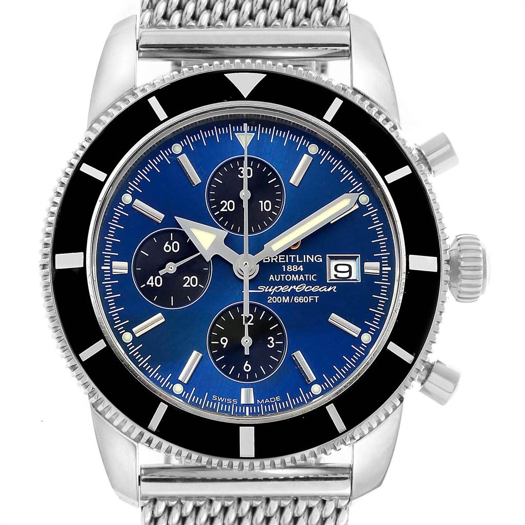 This image shows the front view of a Breitling Superocean A13320 Men's Stainless Steel Blue Dial A13320 Men's Stainless Steel Blue Dial watch, highlighting the dial, hands, bezel, crown, and part of the band.