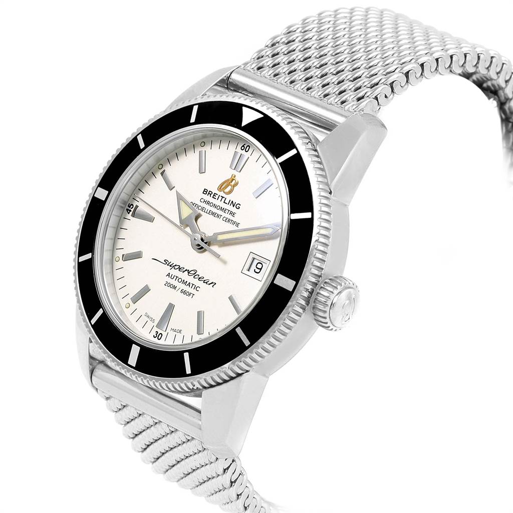 The image shows a Breitling Superocean A17321 Men
s Stainless Steel Silver Dial A17321 Men
s Stainless Steel Silver Dial watch at an angled view, displaying the dial, bezel, crown, and part of the mesh bracelet.